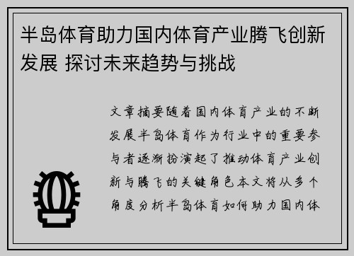 半岛体育助力国内体育产业腾飞创新发展 探讨未来趋势与挑战