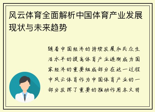 风云体育全面解析中国体育产业发展现状与未来趋势